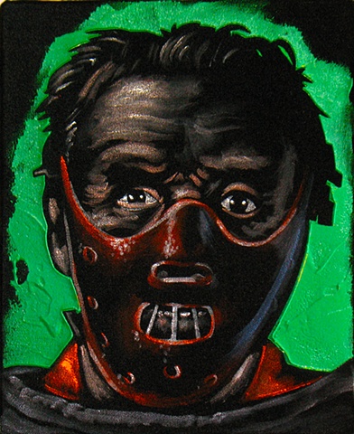 Black Velvet Painting of a Sinister looking man in restraints with a mouth guard.