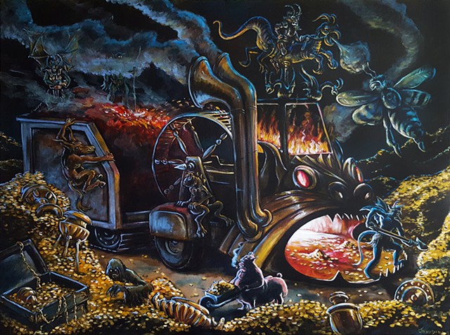 Painting of a demons shoveling gold coins into a furnace