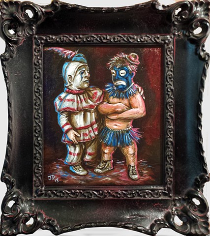 Painting of two midget clowns, one in classic clown outfit, the other in primitive clown attire