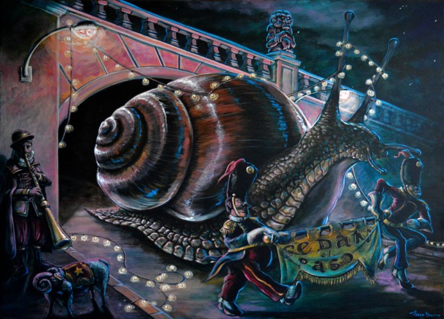 Painting of a giant Snail going through a tunnel
