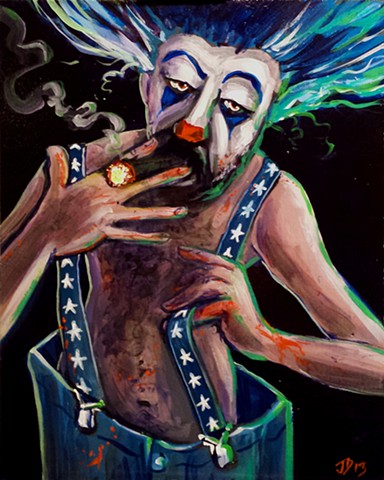 Creepy Carney clown smoking a cigar painting