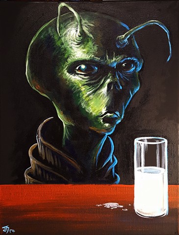 Painting of a Grey drinking milk