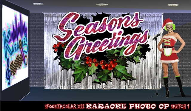 A Seasons Greetings backdrop for Karaoke Hell during a christmas halloween party