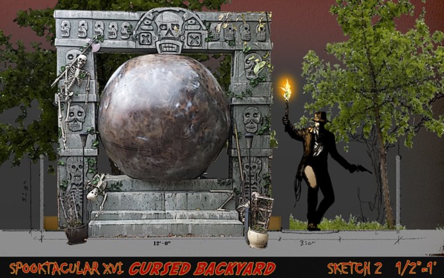 Design of a backyard Halloween Indiana Jones temple with Ball