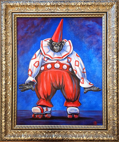 gorilla dressed as a clown on roller skates. Acrylic painting in vintage frame.
