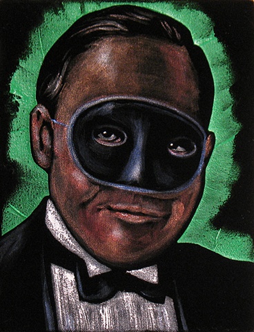 Black Velvet Painting of a Sinister looking man in a mask and tuxedo