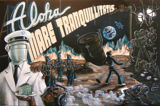 Monkeys filming a movie with Elvis on the Moon painting 