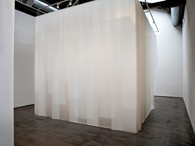 Site specific installation consisting of layers of tracing paper suspended on hardwood support.  Modesto Covarrubias