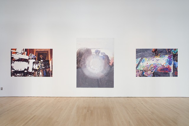 From left to right: Camera Bank for the Governor (gouache on paper, 48 X 72 inches, 2012), Elected Officials are Our Surrogates, (Oil on linen, 84 X 63 inches, 2010), Summer Streets, (Gouache on paper, 48 X 72 inches, 2017).  Photo: Sam Drexler