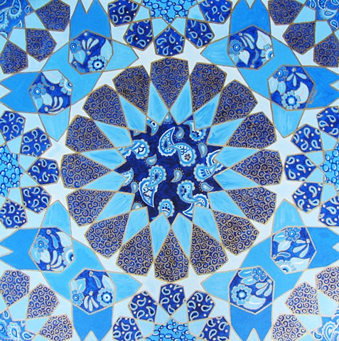 acrylic painting of blue middle eastern pattern.
