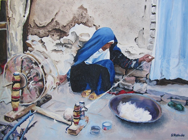 old iranian woman spinning, middle east, wool spinning, traditional