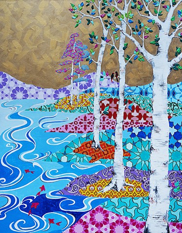 acrylic painting, birch trees, gold background, landscape, koi, goldfish, river, colorful painting