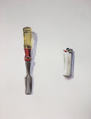 Belongings (chisel and lighter)