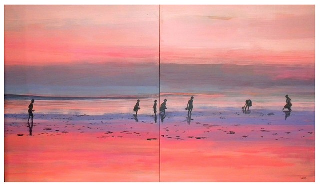 Scanning for Seashells at Sunset (diptych)