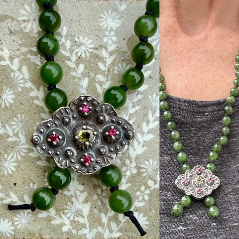 Green Stone and Sterling Quatrefoil Necklace