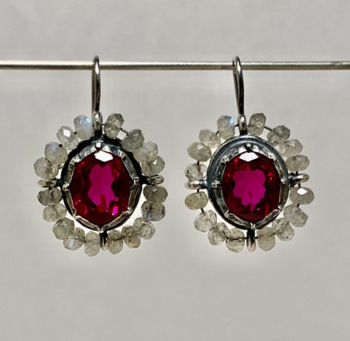 Surround Earrings with Georgian Set Rubies and Labradorite