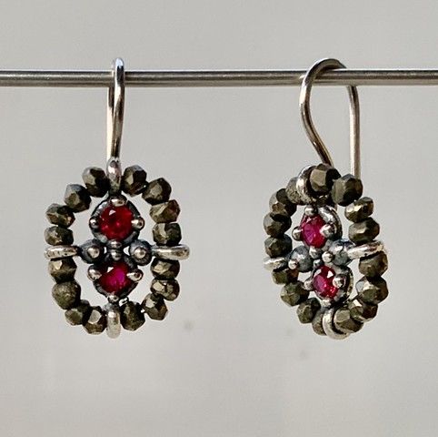 Pyrite and Lab Grown Ruby Surround Earrings