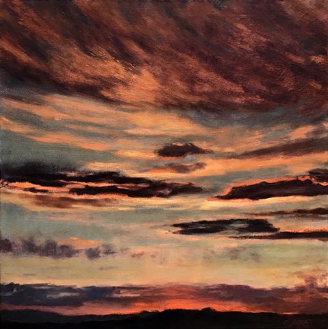 oil painting, landscape, twilight, cloudscape, sunset