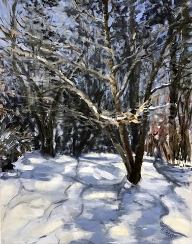 Winter oil painting, bare trees, snow,