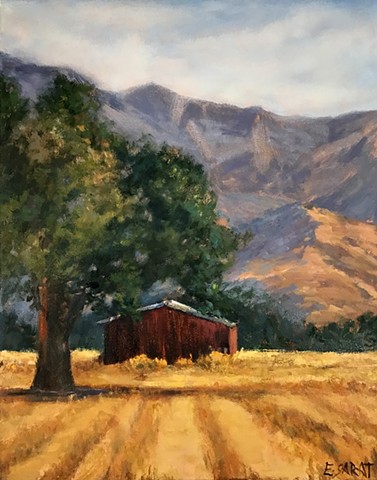 oil painting of iconic old red barn in Ojai, California