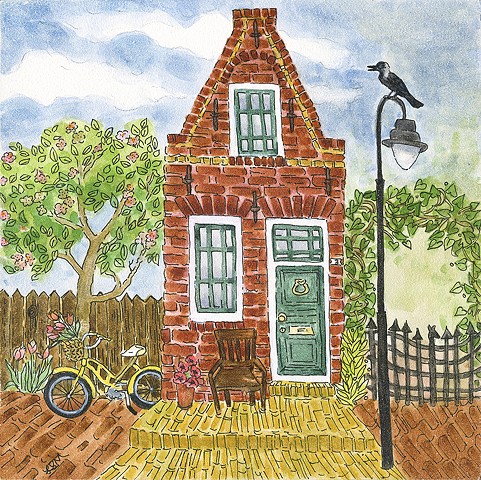 dutch house, brick house, crow, dutch crow, holland, birds, iron gate, gate, netherlands, ojai artist