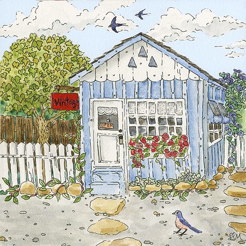 little house, little shop, little blue house, cottage, swallows, western bluebird, arbor, morning glories, ojai