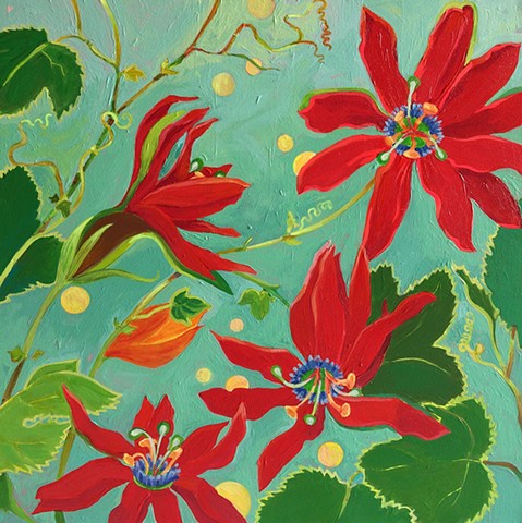 passion flower, red flowers, red flower paintings, passion flower paintings, botanical paintings, botanicals, flowers, florals, floral paintings, Red
