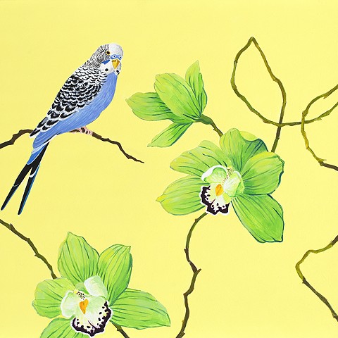 a blue parakeet on a yellow background with green orchids