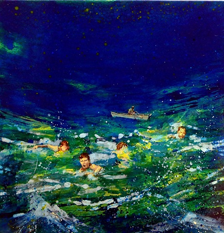 Waterscape, Ocean, Waves, Skiff, Rowboat, Swimming, Figurative, Figures, Narrative, Painting, Landscape