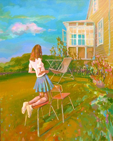 Narrative Painting, Figurative, Hollyhocks, Chairs