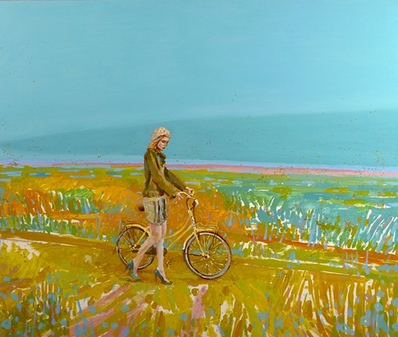 Wetland, Field, Bicycle, Heels, Figurative, Figure, Narrative, Painting, Landscape