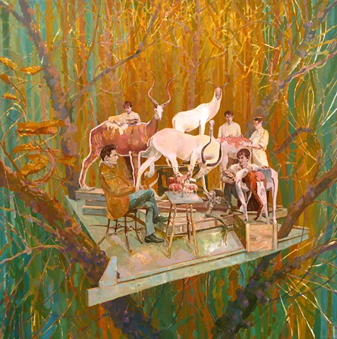 Trees, Treehouse, Taxidermy, Figurative, Figures, Narrative, Painting, Landscape, Animals
