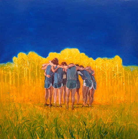 Runners, Huddle, Blue Sky, Figurative, Figures, Narrative, Painting, Landscape