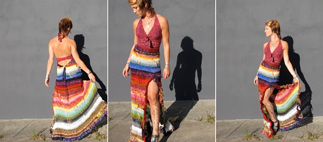 Rainbow dress crochet formal halter vintage upcycle