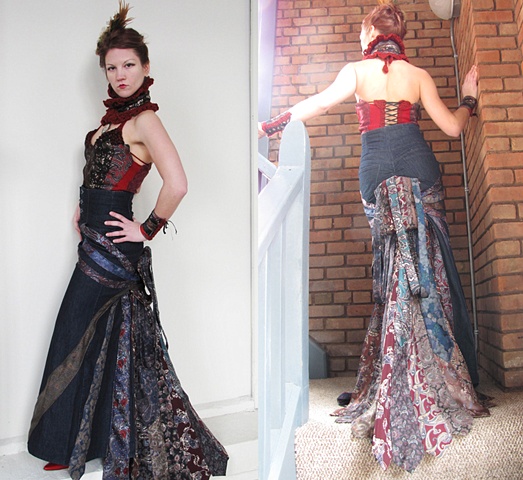 Victorian Steampunk Silk Tie Bustier and Bustled Skirt