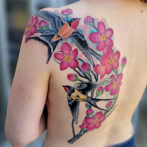 Swallows and Cherry Blossoms by Adam Sky, Morningstar Tattoo, Belmont, Bay Area, California
