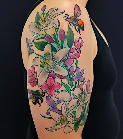 Lemon Blossoms and Bumble Bee Tattoo by Custom Tattoos by Adam Sky, San Francisco, California