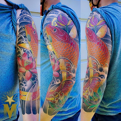 Koi Fish Sleeve Tattoo by Adam Sky, Morningstar Tattoo Parlor, Belmont, Bay Area, California