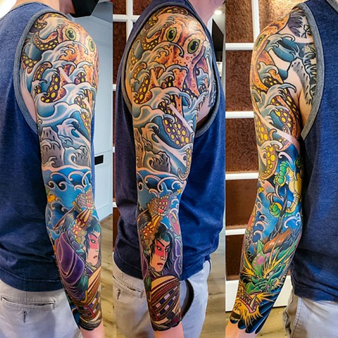 Octopus, Samurai and Dragon Sleeve by Adam Sky, Morningstar Tattoo Parlor, Belmont, Bay Area, California
