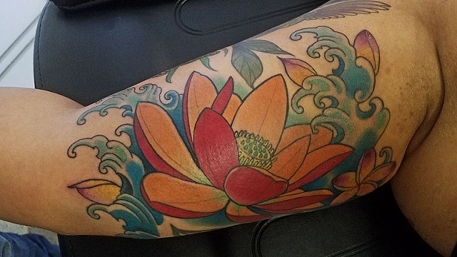 Lotus and Hibiscus Flower Tattoo by Adam Sky, San Francisco, California