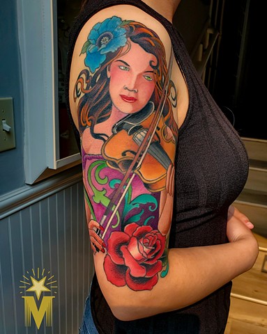 Art Nouveau Violinist Tattoo by Adam Sky, Morningstar Tattoo Parlor, Belmont, Bay Area, California