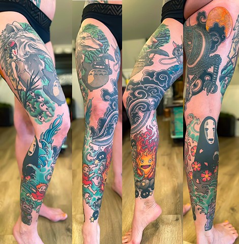 Studio Ghibli Leg Sleeve Tattoo by Adam Sky, Morningstar Tattoo, Belmont, Bay Area, California