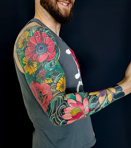 Poppy and Lotus Flower Sleeve Tattoo by Adam Sky, San Francisco, California 