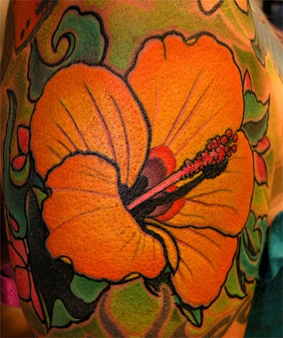 hibiscus tattoo by Custom tattoos by Adam Sky, San Francisco, California