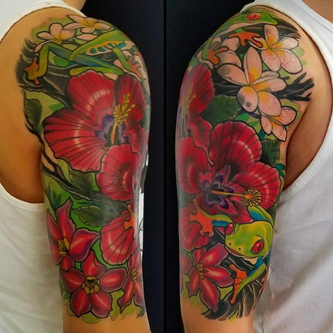 Tree Frog and Hibiscus Flowers Tattoo by Adam Sky, San Francisco, California