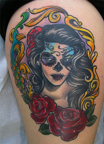 Day of the dead girl tattoo by Adam Sky, San Francisco, California