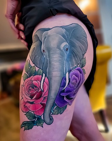 Elephant and Roses Tattoo by Adam Sky, Morningstar Tattoo Parlor, Belmont, California