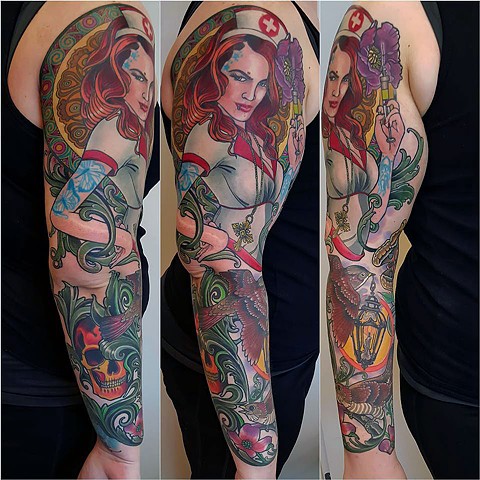 Nurse Sleeve tattoo by Custom tattoos by Adam Sky, San Francisco, California