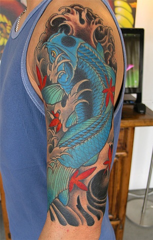 Blue koi fish and Japanese maple tattoo by Adam Sky, San Francisco, California