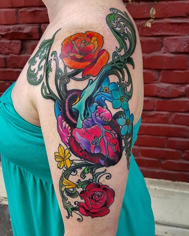 Anatomical Heart and Flowers Tattoo by Custom tattoos by Adam Sky, San Francisco, California